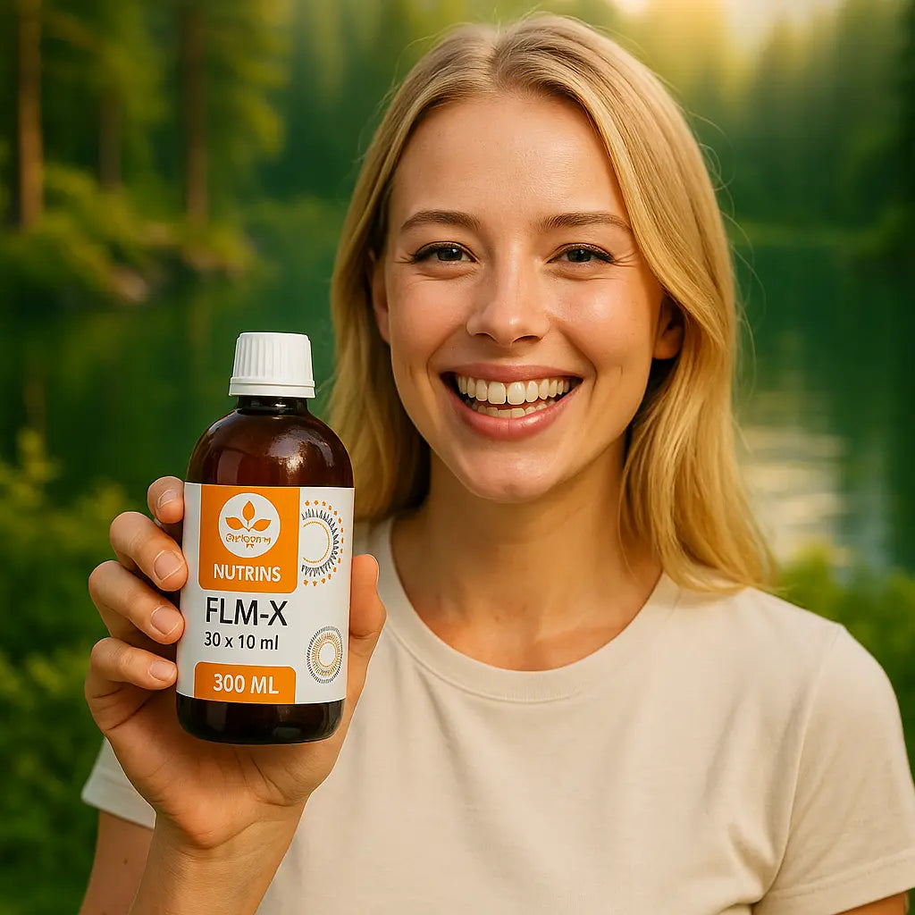 Een persoon die het Nutrins Liposomale FLM-X flesje, 300 ml, vasthoudt, in een natuurlijke bosrijke setting met een rustige rivier en groene foliage op de achtergrond.