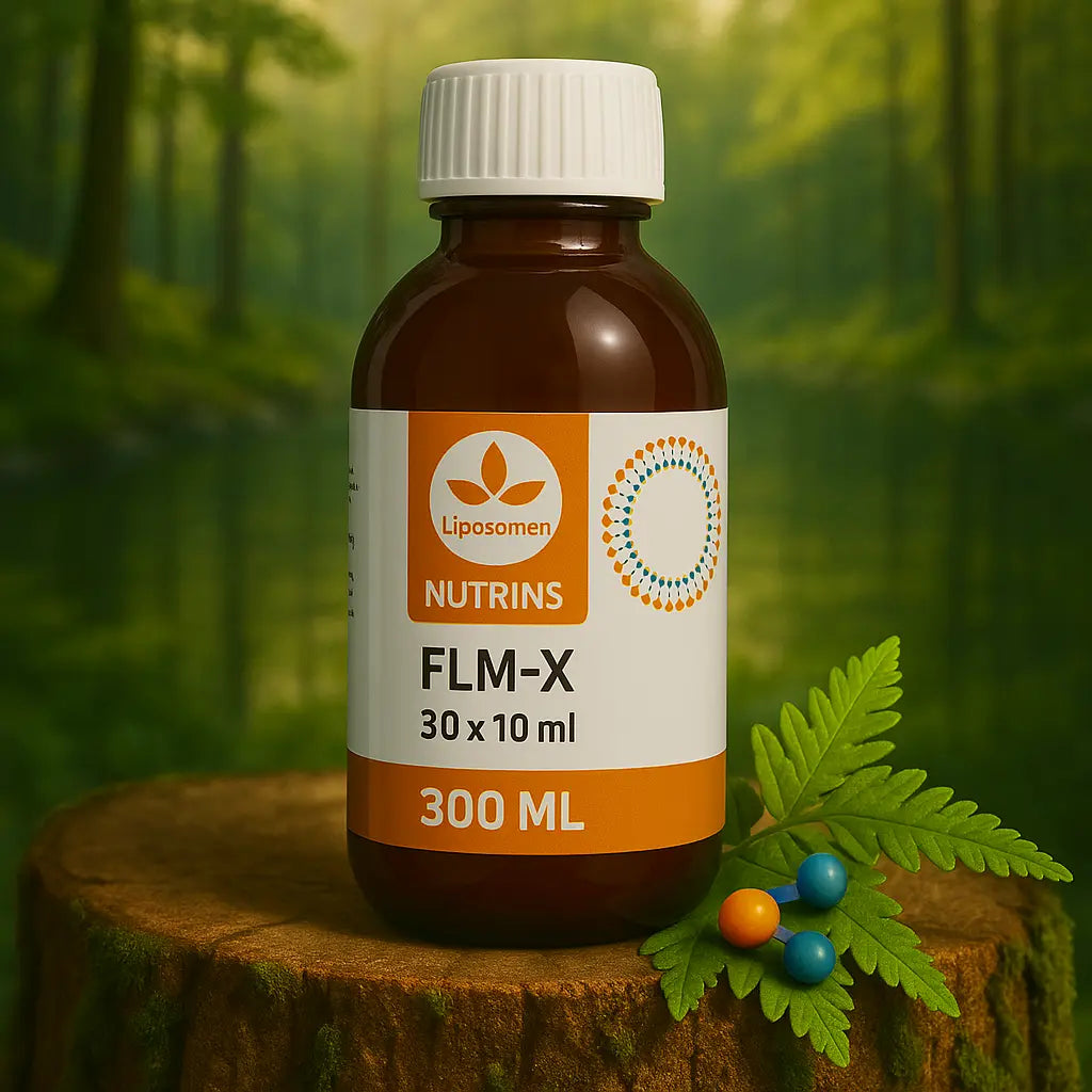 Nutrins Liposomale FLM-X flesje, 300 ml, op een mossige boomstronk met een rustige rivier en groene bosrijke achtergrond.