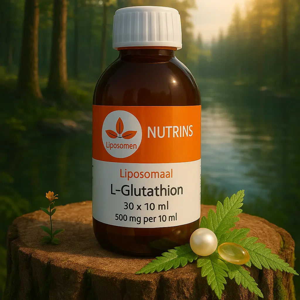 Nutrins Liposomale Glutathion flesje, 300 ml, op een mossige boomstronk met een rustige rivier en groene bosrijke achtergrond.