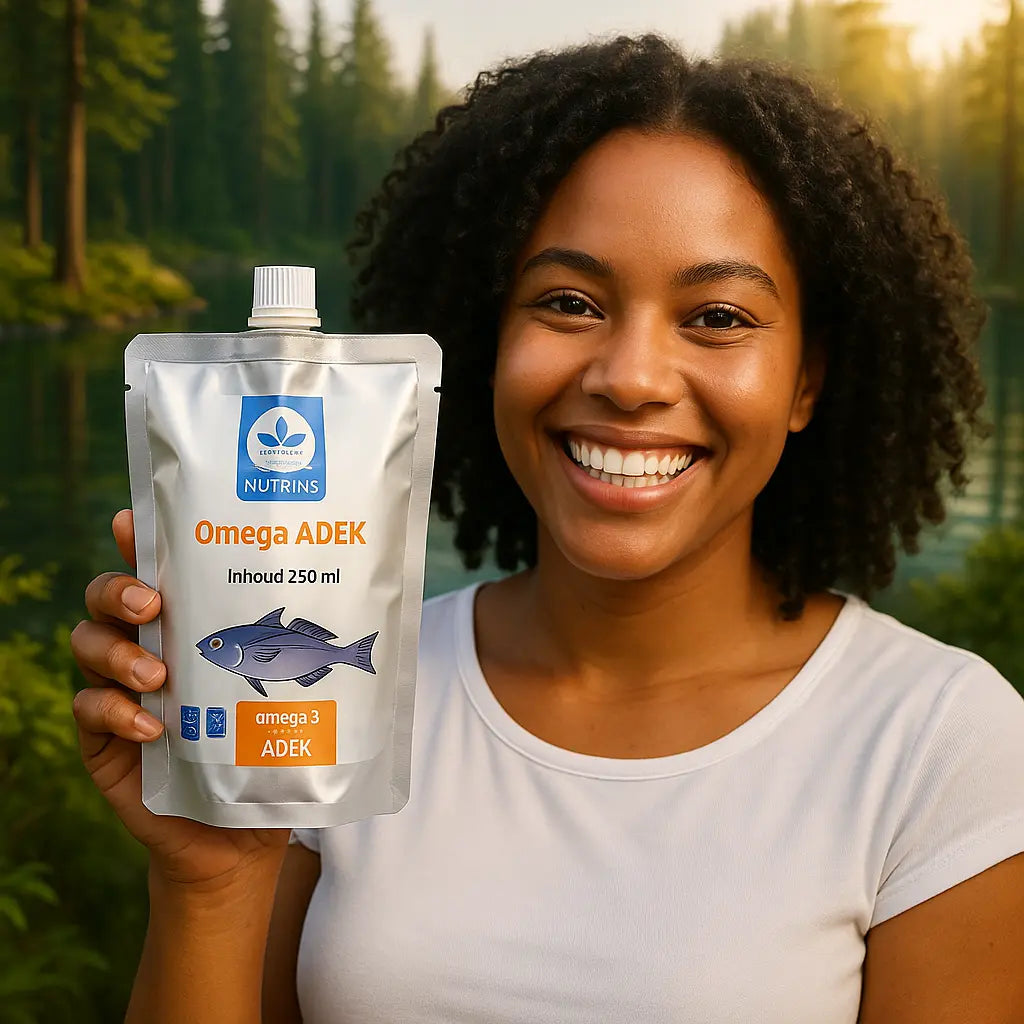 Een persoon die het Nutrins Olje ADEK flesje, 250 ml, vasthoudt, in een natuurlijke bosrijke setting met een rustige rivier en groene foliage op de achtergrond.