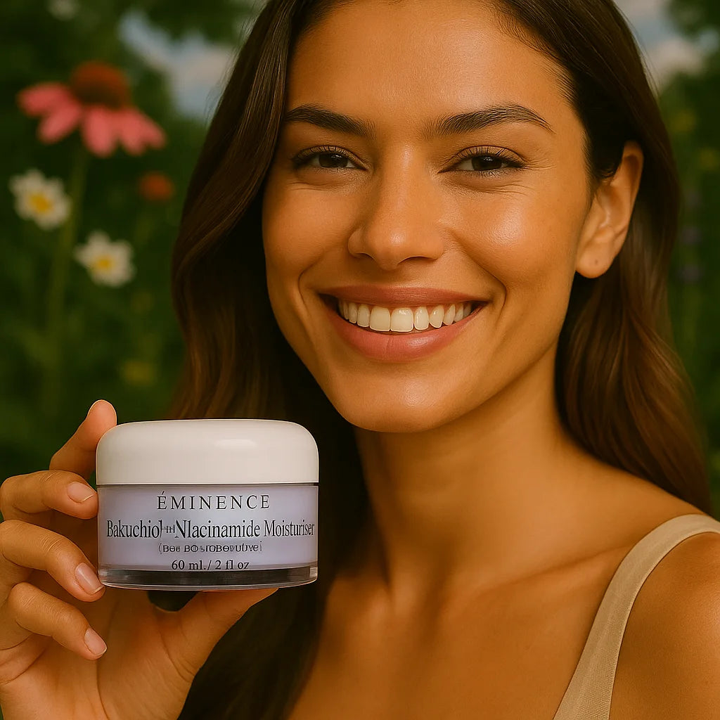 Een persoon die het Éminence Organic Skin Care Bakuchiol + Niacinamide Moisturizer potje vasthoudt, in een natuurlijke buitenomgeving met groen op de achtergrond.