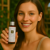 Een persoon die het Éminence Organic Skin Care Bright Skin Licorice Root Booster-Serum flesje vasthoudt, in een natuurlijke buitenomgeving met groen op de achtergrond.