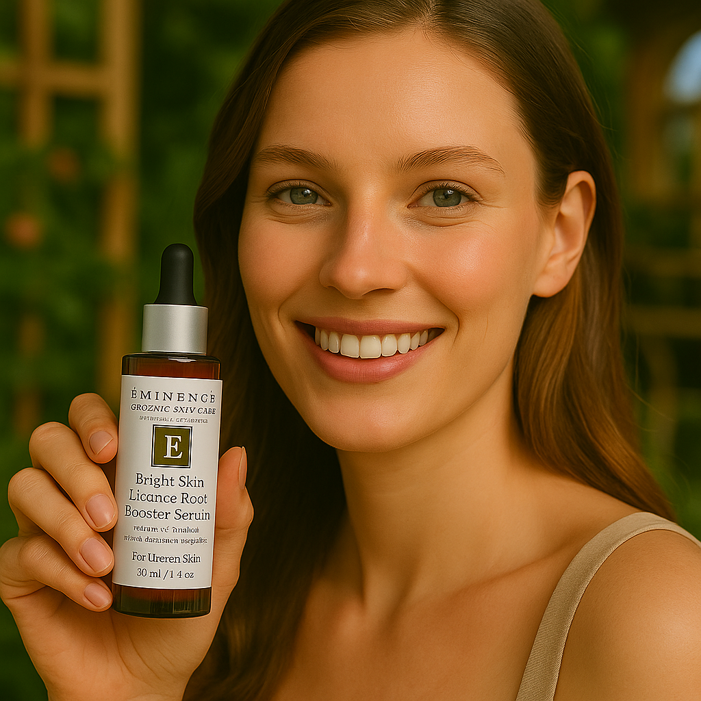 Een persoon die het Éminence Organic Skin Care Bright Skin Licorice Root Booster-Serum flesje vasthoudt, in een natuurlijke buitenomgeving met groen op de achtergrond.