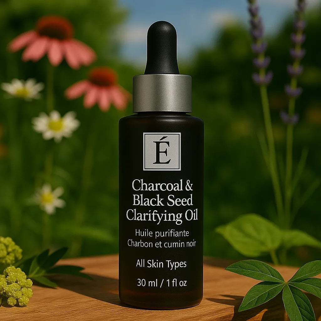 Éminence Organic Skin Care Charcoal & Black Seed Clarifying Oil flesje, op een houten ondergrond met een bloemrijke achtergrond.