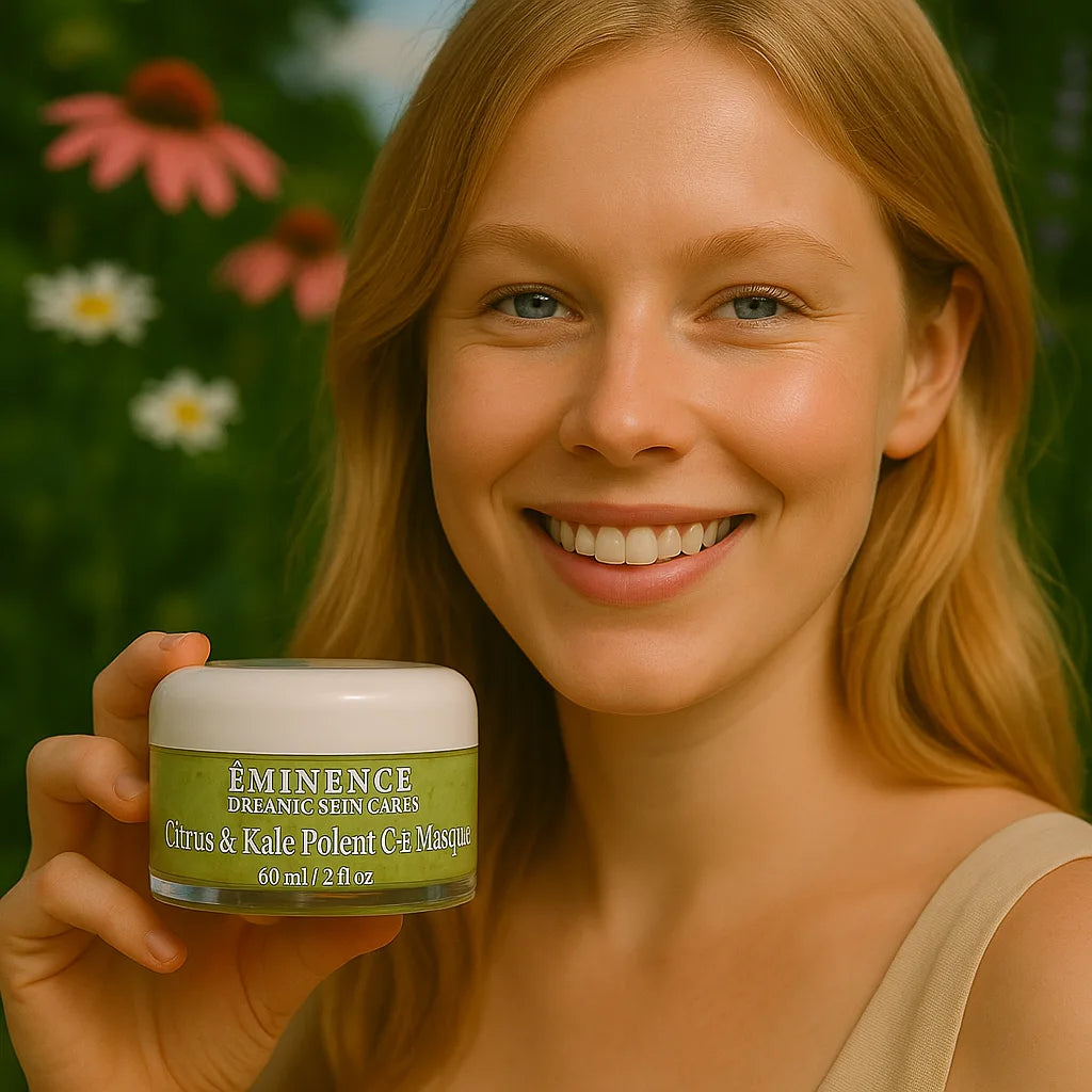 Éminence Organic Skin Care Citrus & Kale Potent C+E Masque potje, op een houten ondergrond met een bloemrijke achtergrond.