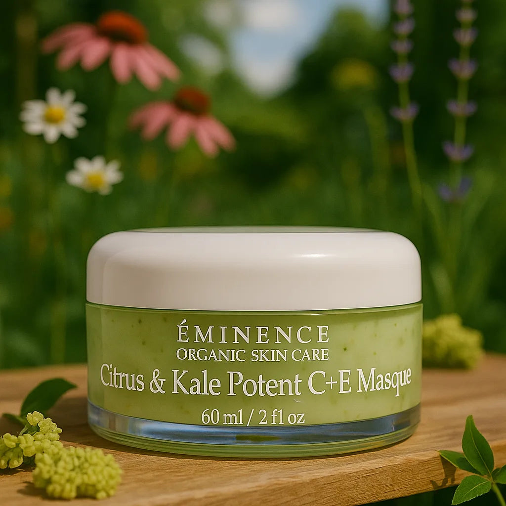 Een persoon die het Éminence Organic Skin Care Citrus & Kale Potent C+E Masque potje vasthoudt, in een natuurlijke buitenomgeving met groen op de achtergrond.