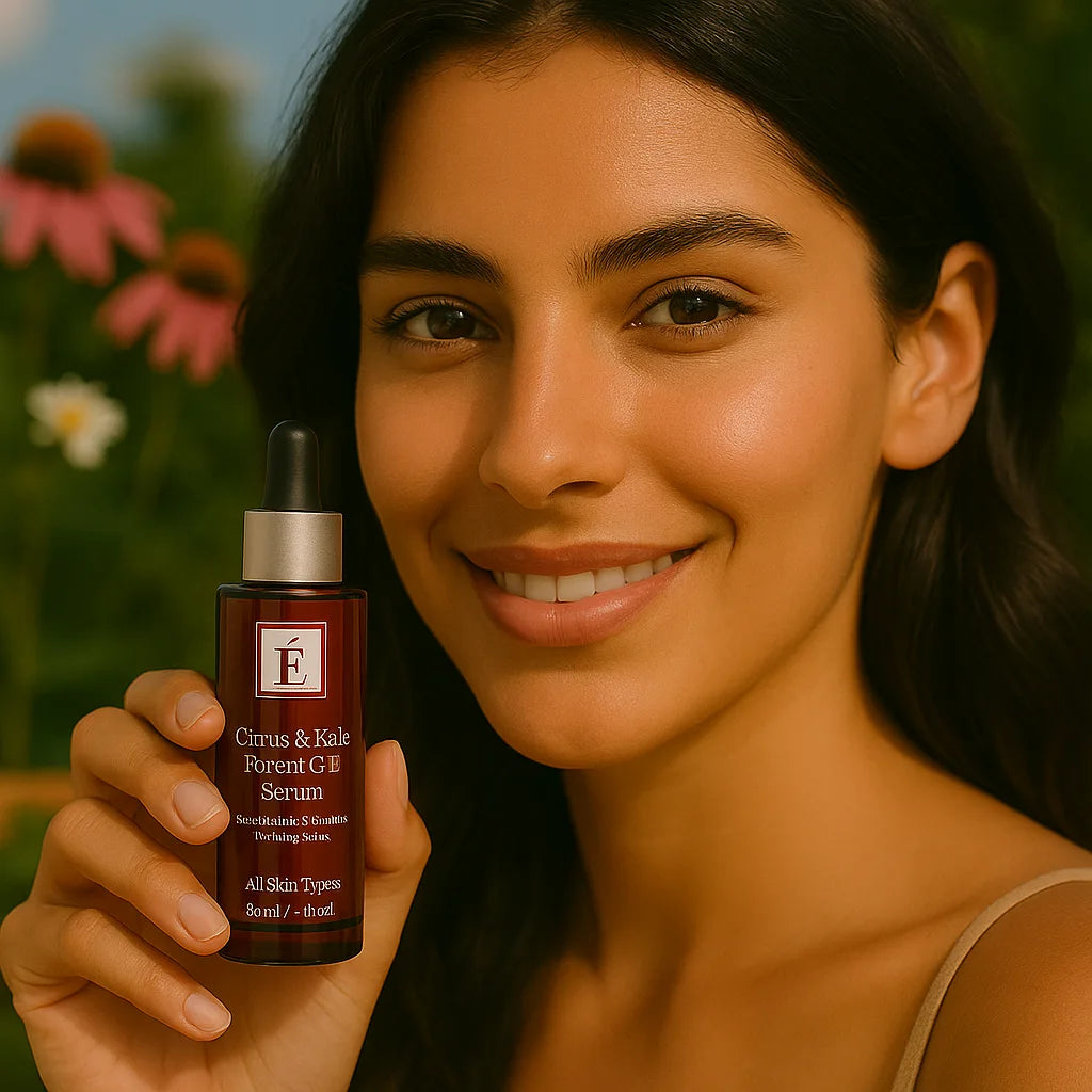 Een persoon die het Éminence Organic Skin Care Citrus & Kale Potent C+E Serum flesje vasthoudt, in een natuurlijke buitenomgeving met groen op de achtergrond.