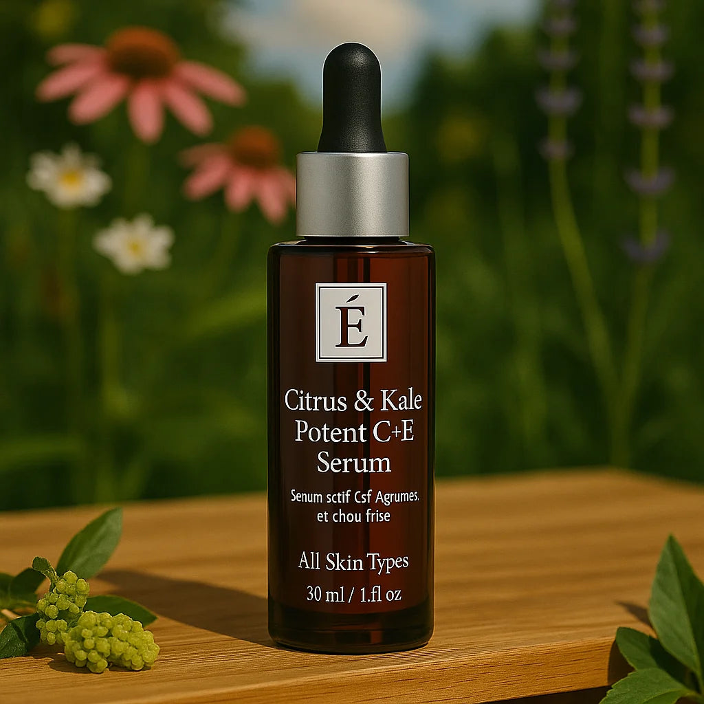 Éminence Organic Skin Care Citrus & Kale Potent C+E Serum flesje, op een houten ondergrond met een bloemrijke achtergrond.