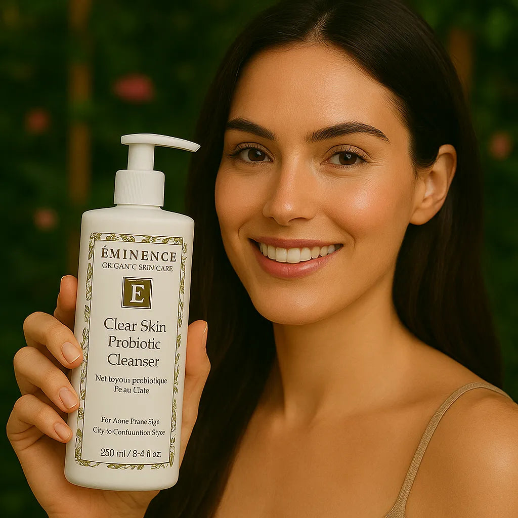 Een persoon die het Éminence Organic Skin Care Clear Skin Probiotic Cleanser flesje vasthoudt, in een natuurlijke buitenomgeving met groen op de achtergrond.