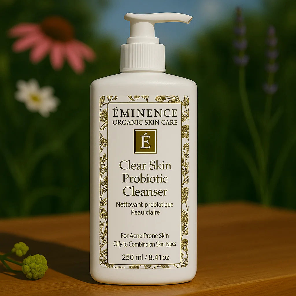Éminence Organic Skin Care Clear Skin Probiotic Cleanser flesje, op een houten ondergrond met een bloemrijke achtergrond.