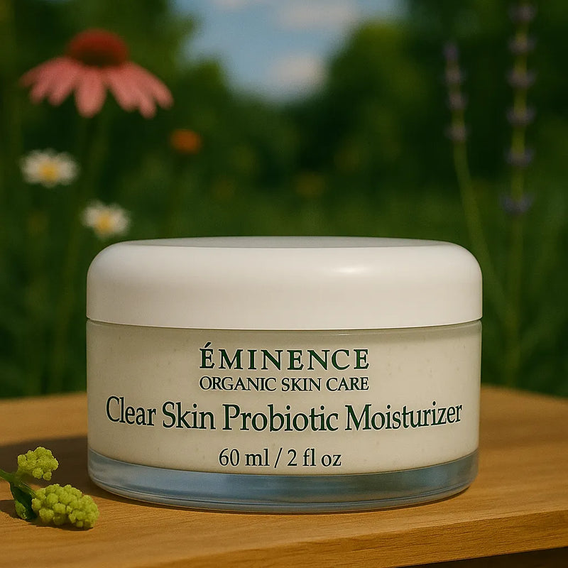 Éminence Organic Skin Care Clear Skin Probiotic Moisturizer potje, op een houten ondergrond met een bloemrijke achtergrond.