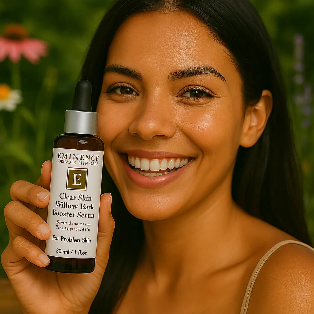 Éminence Organic Skin Care Clear Skin Willow Bark Booster-Serum flesje, op een houten ondergrond met een bloemrijke achtergrond.