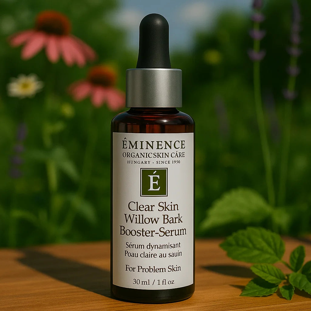 Een persoon die het Éminence Organic Skin Care Clear Skin Willow Bark Booster-Serum flesje vasthoudt, in een natuurlijke buitenomgeving met groen op de achtergrond.