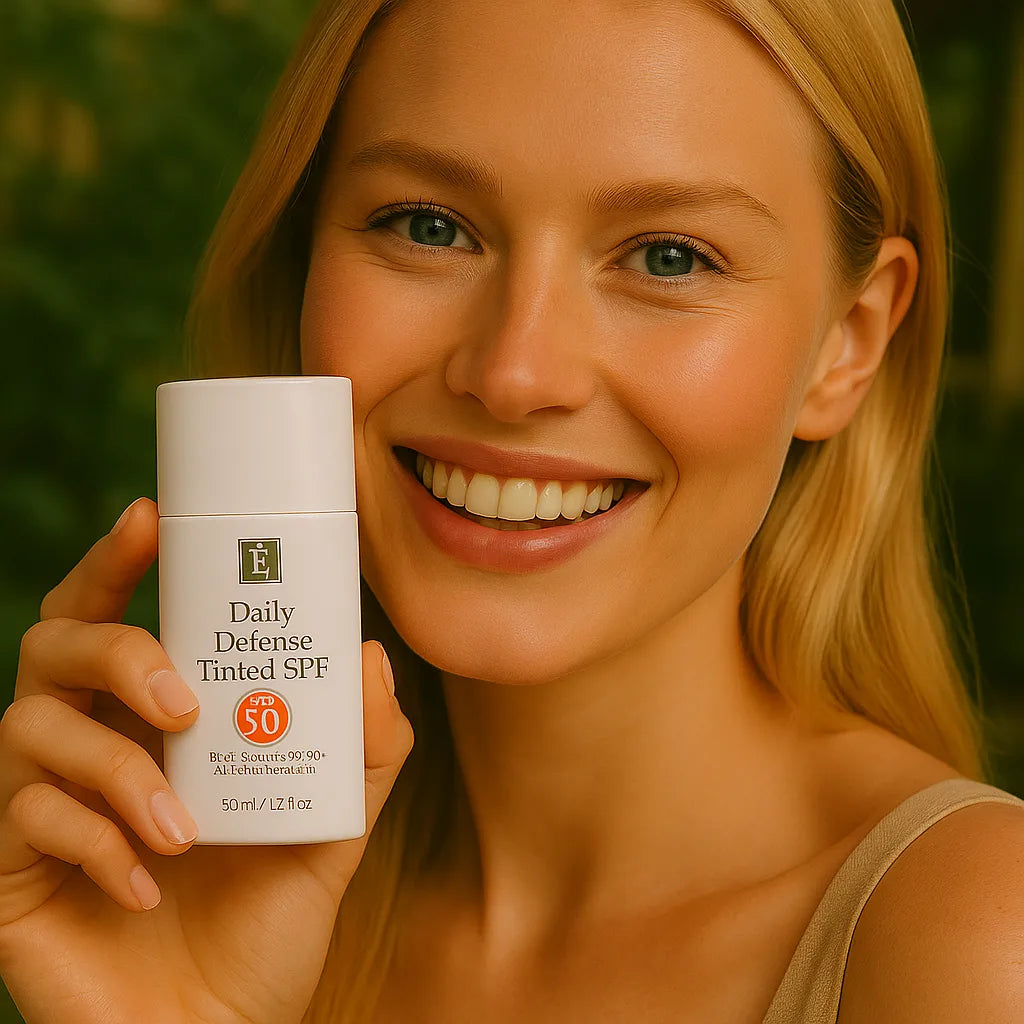 Een persoon die het Éminence Organic Skin Care Daily Defense Tinted SPF flesje vasthoudt, in een natuurlijke buitenomgeving met groen op de achtergrond.