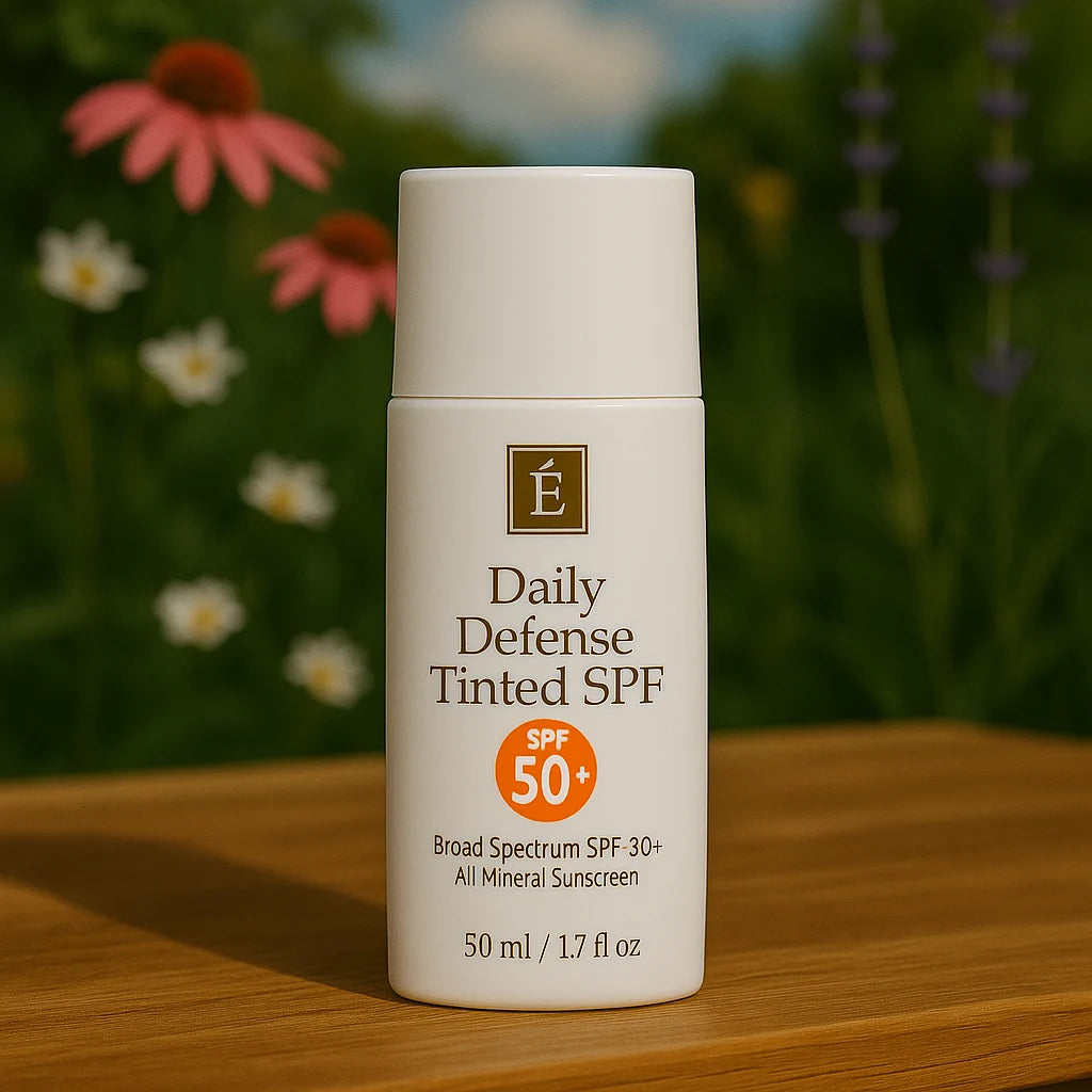 Éminence Organic Skin Care Daily Defense Tinted SPF flesje, op een houten ondergrond met een bloemrijke achtergrond.