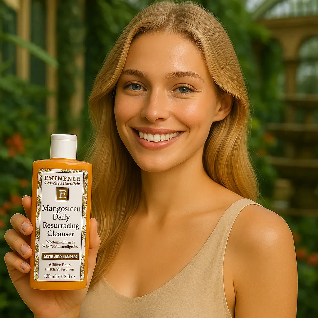 Een persoon die het Éminence Organic Skin Care Mangosteen Daily Resurfacing Cleanser flesje vasthoudt, in een natuurlijke buitenomgeving met groen op de achtergrond.
