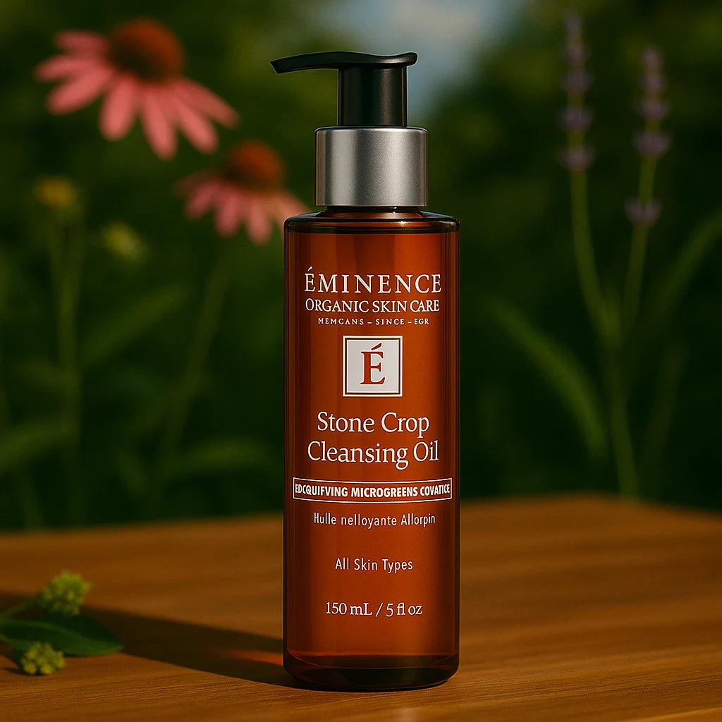 Éminence Organic Skin Care Stone Crop Cleansing Oil flesje, op een houten ondergrond met een bloemrijke achtergrond.