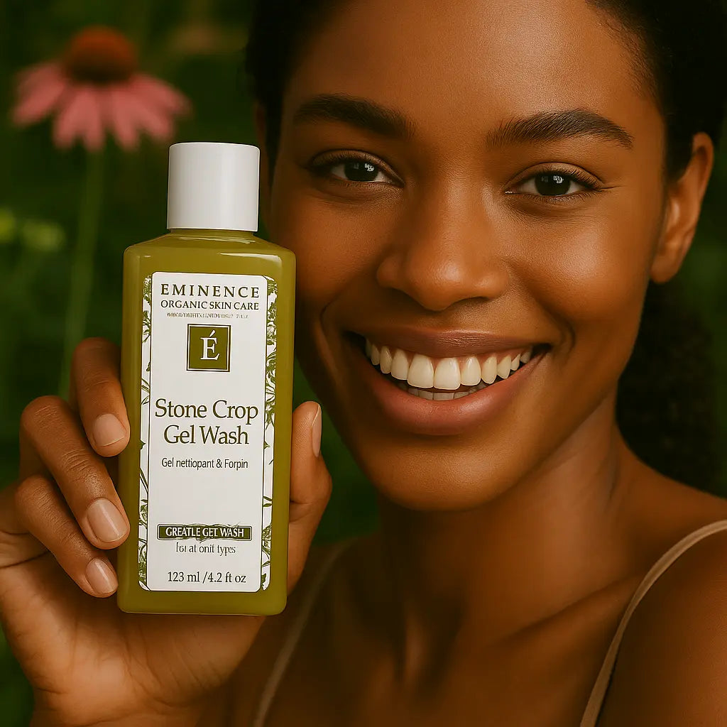 Éminence Organic Skin Care Stone Crop Gel Wash flesje, op een houten ondergrond met een bloemrijke achtergrond.