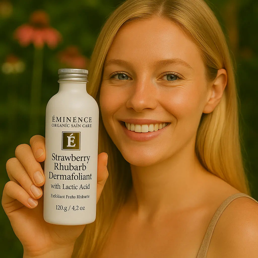 Een persoon die het Eminence Organics Strawberry Rhubarb Dermafoliant potje, 120 g, vasthoudt, in een natuurlijke setting met aardbeien- en rabarberplanten op de achtergrond.