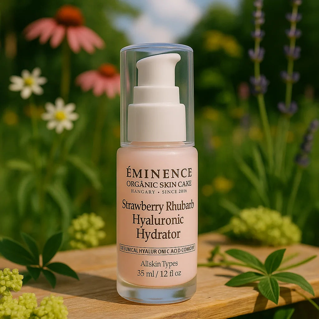Éminence Organic Skin Care Strawberry Rhubarb Hyaluronic Hydrator potje, op een houten ondergrond met een bloemrijke achtergrond.