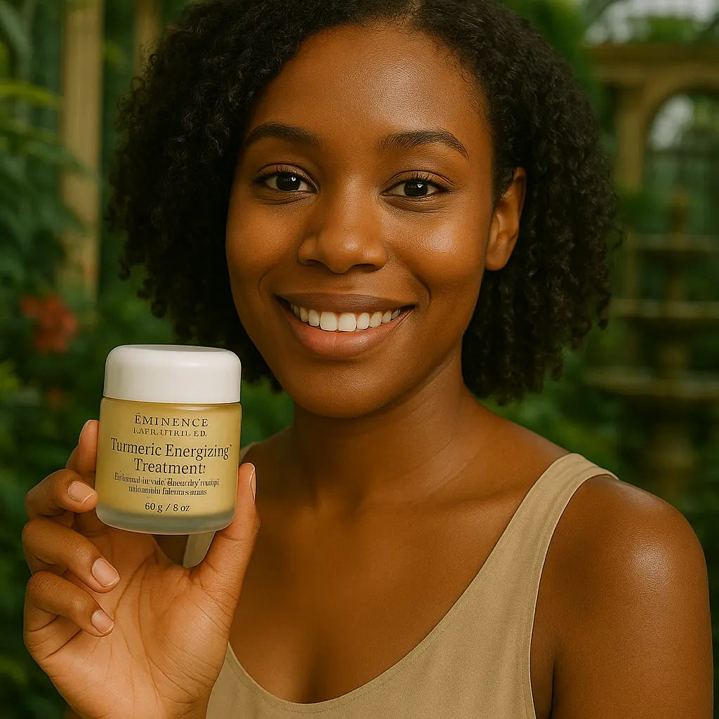 Een persoon die het Éminence Organic Skin Care Turmeric Energizing Treatment potje vasthoudt, in een natuurlijke buitenomgeving met groen op de achtergrond.