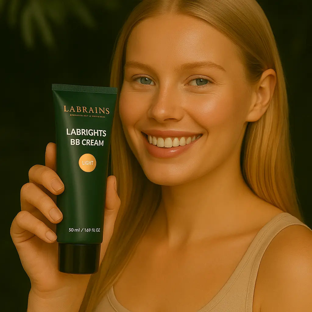 Een persoon die de Labrains BB Cream Light with Warm Undertones tube, 50 ml, vasthoudt, in een natuurlijke jungle-setting met een waterval en groene foliage op de achtergrond.