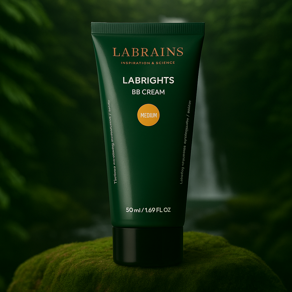 Labrains BB Cream Medium with Olive Undertone tube, 50 ml, op een mossige rots met een waterval en groene jungle-achtergrond.