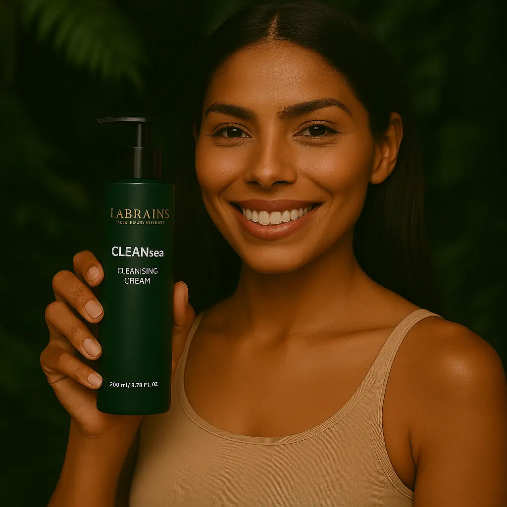 Een persoon die het Labrains Cleansea Cleansing Cream flesje, 200 ml, vasthoudt, in een natuurlijke jungle-setting met een waterval en groene foliage op de achtergrond.
