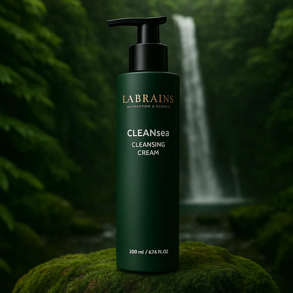 Labrains Cleansea Cleansing Cream flesje, 200 ml, op een mossige rots met een waterval en groene jungle-achtergrond.