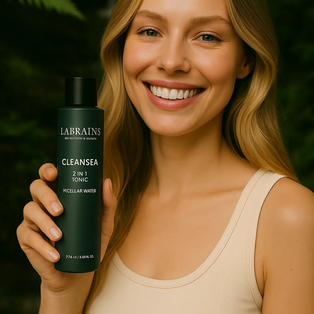 Labrains Micellar Water & Tonic 250 ml tegen acne vastgehouden door model