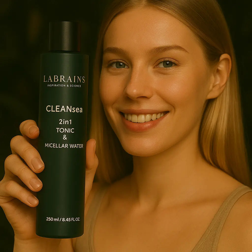 Een persoon die het Labrains Micellar Water Tonic flesje, 250 ml, vasthoudt, in een natuurlijke jungle-setting met een waterval en groene foliage op de achtergrond.