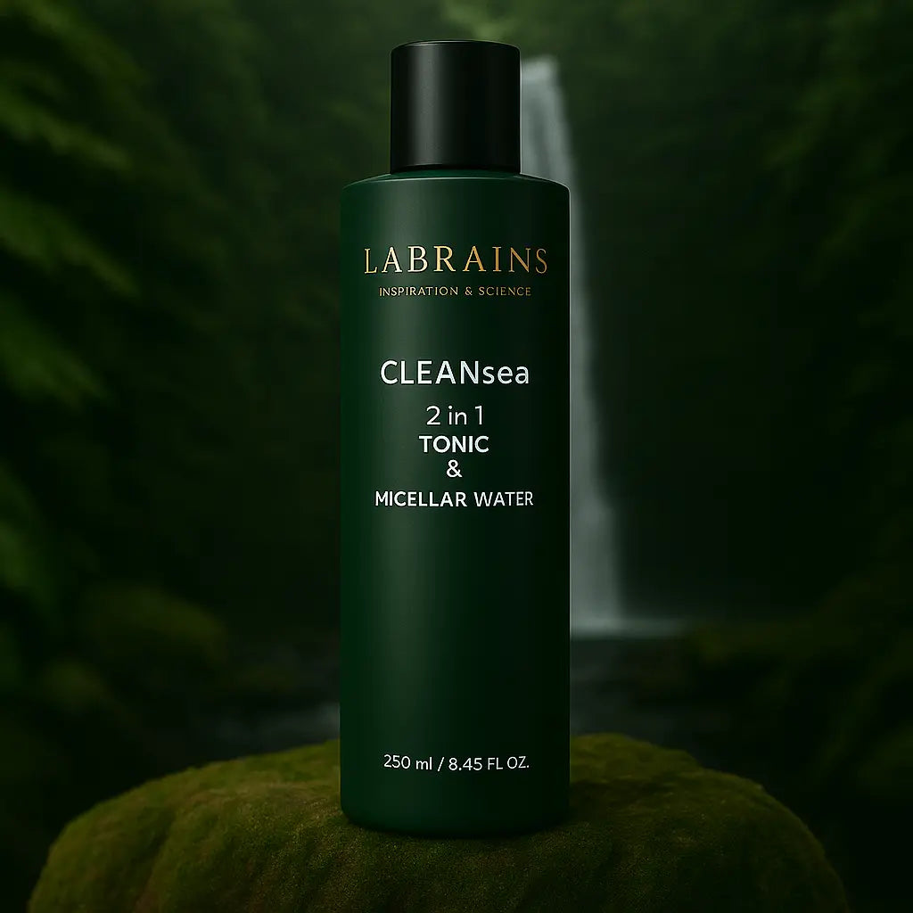 Labrains Micellar Water Tonic flesje, 250 ml, op een mossige rots met een waterval en groene jungle-achtergrond.