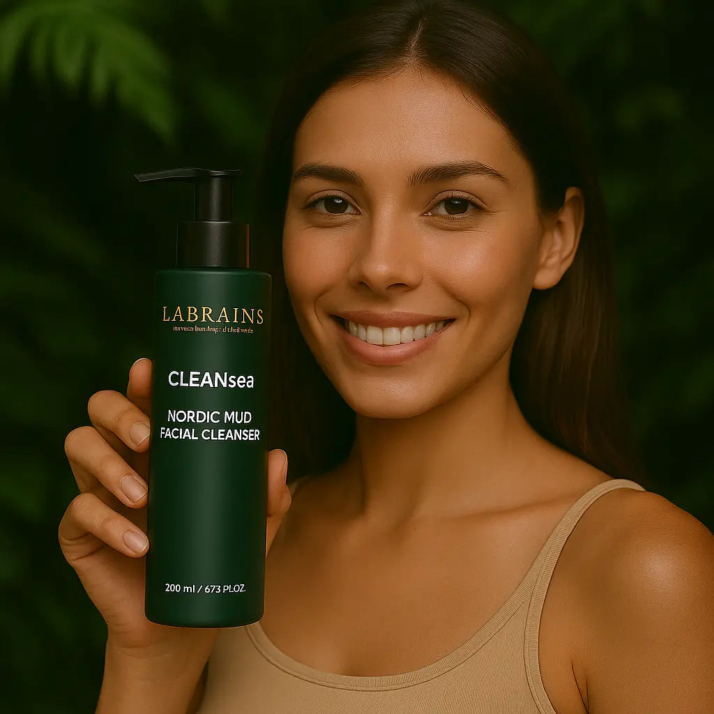 Een persoon die het Labrains Nordic Mud Facial Skin Cleansing Gel flesje, 250 ml, vasthoudt, in een natuurlijke jungle-setting met een waterval en groene foliage op de achtergrond.
