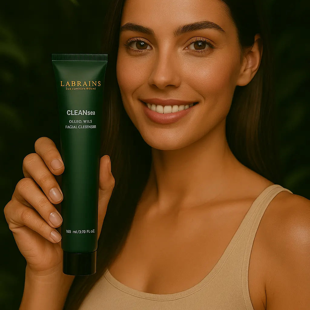 Labrains Oil-to-Milk Face Cleanser 150 ml voor gevoelige huid vastgehouden door model