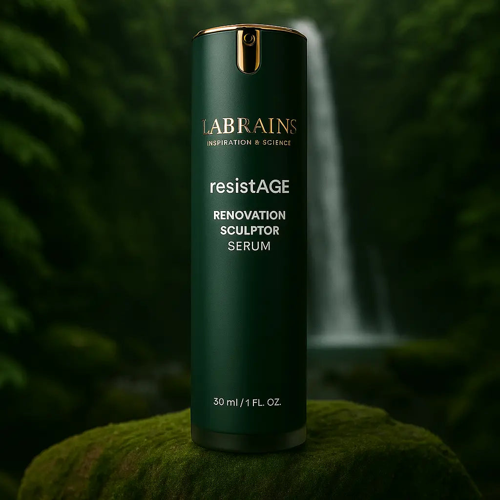 Labrains Renovation Sculptor Serums Sejas Ādas Atjaunošanai flesje, 30 ml, op een mossige rots met een waterval en groene jungle-achtergrond.