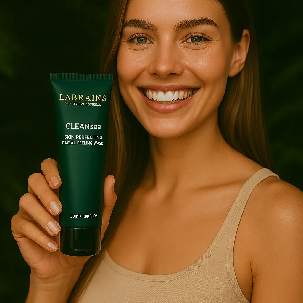 Labrains Skin-Perfecting Peeling Mask 50 ml voor gevoelige huid vastgehouden door model