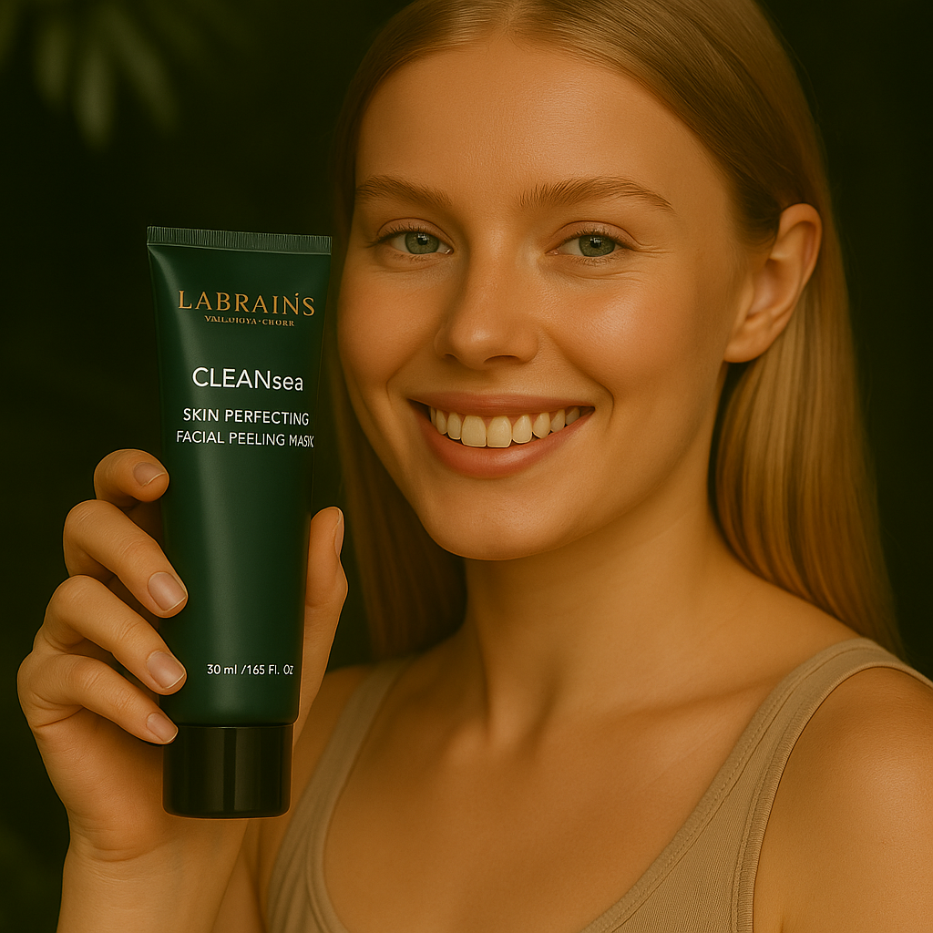 Een persoon die het Labrains Skin Perfecting Adu Uzlabojoša Sejas Pilinga Maska potje, 50 ml, vasthoudt, in een natuurlijke jungle-setting met een waterval en groene foliage op de achtergrond.