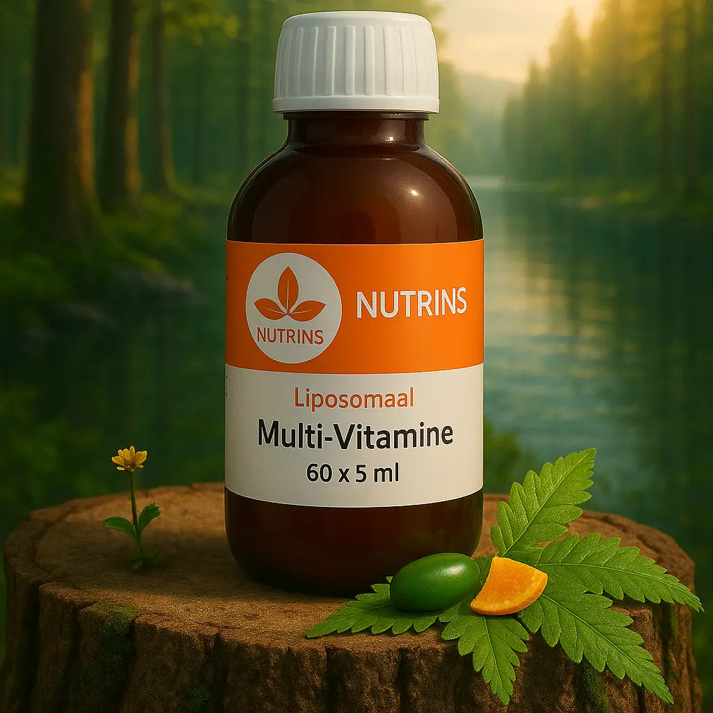 Liposomale Multi-Vitaminen flesje, 300 ml, op een mossige boomstronk met een rustige rivier en groene bosrijke achtergrond.