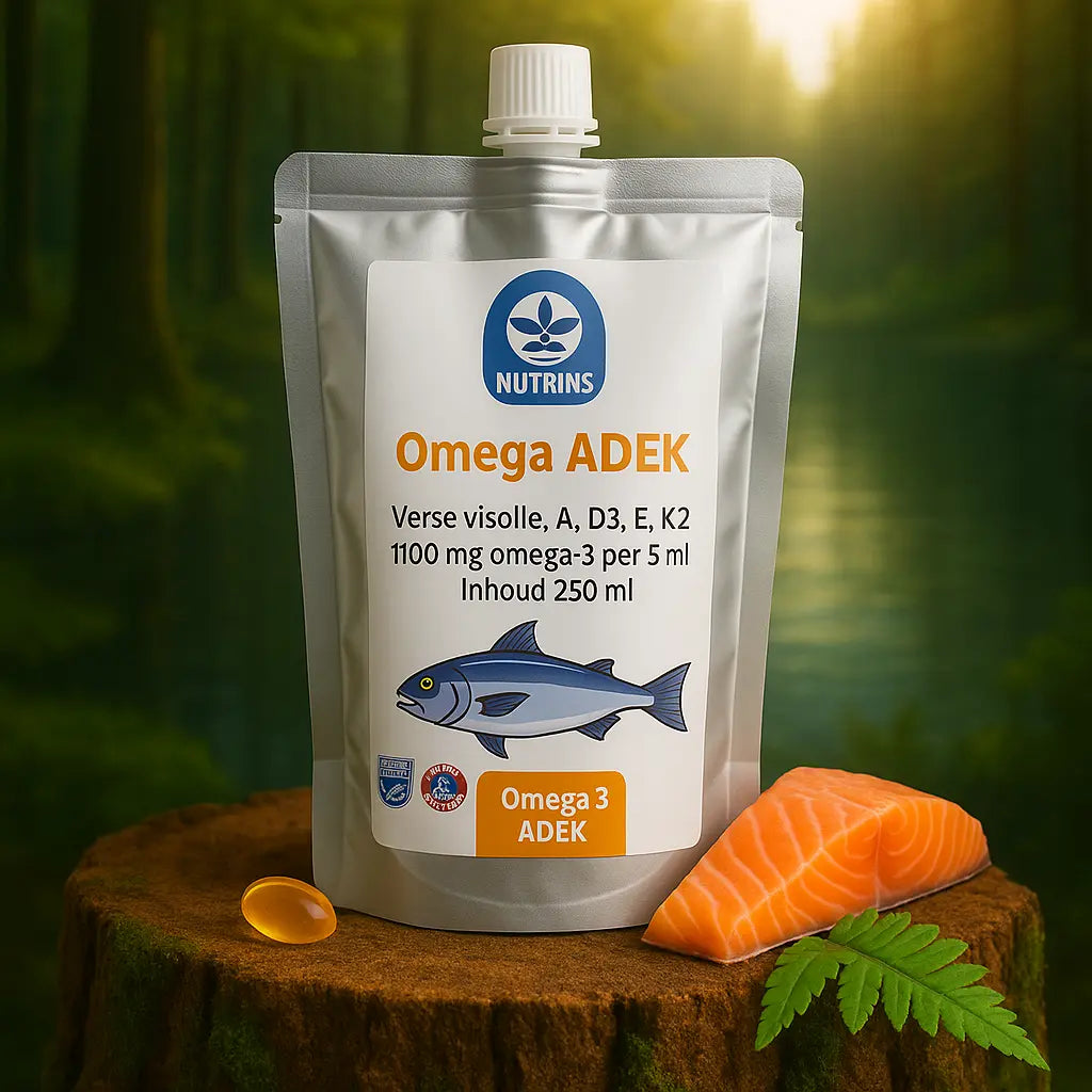 Nutrins Olje ADEK flesje, 250 ml, op een mossige boomstronk met een rustige rivier en groene bosrijke achtergrond.
