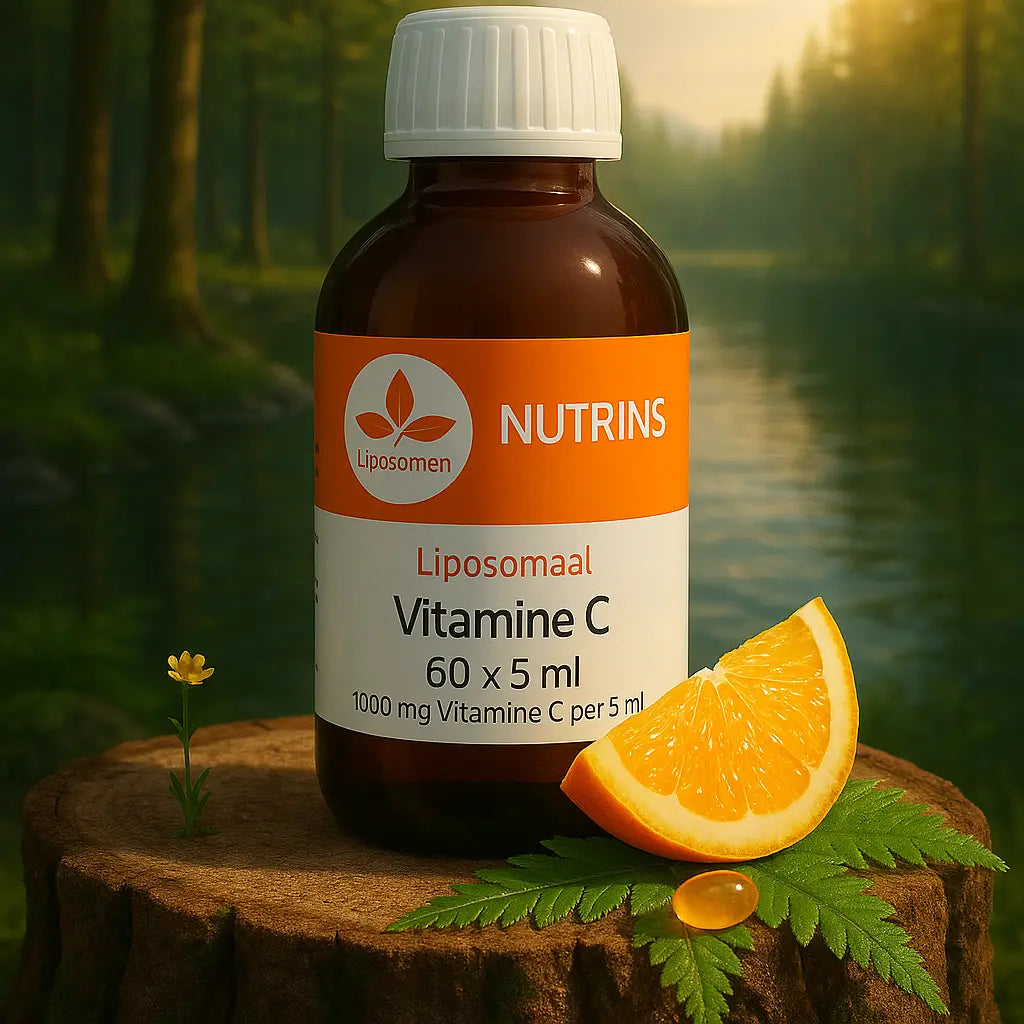 Nutrins Vitamine C Capsules Liposomaal verpakking, 60 capsules, op een mossige boomstronk met een rustige rivier en groene bosrijke achtergrond.