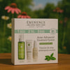 Video waarin Éminence Organic Skin Care Acne Advanced 3-Step Treatment System wordt getoond, met de toepassing en voordelen voor een heldere, gezonde huid in een natuurlijke setting.