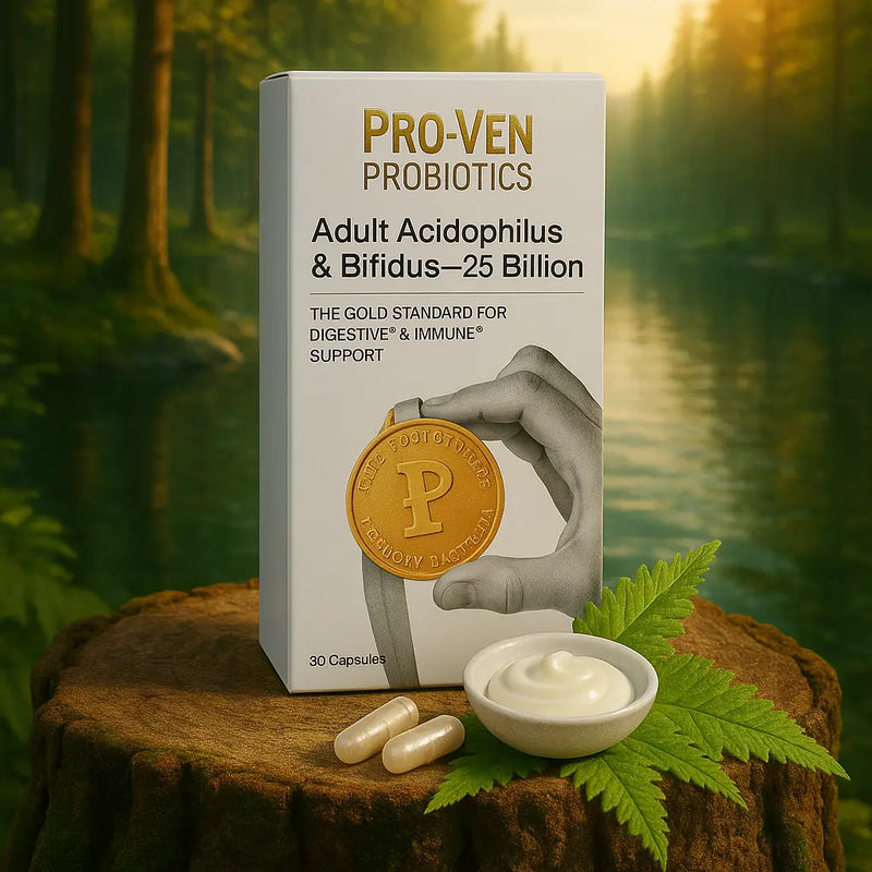 Proven Probiotica 25 Miljard verpakking, 30 capsules, op een mossige boomstronk met een rustige rivier en groene bosrijke achtergrond.
