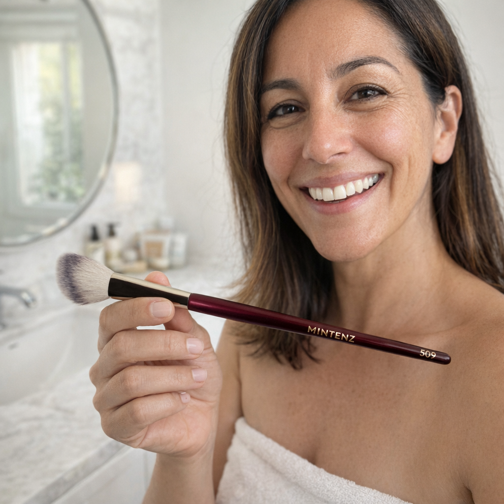 509 Schuine Kwast Small in gebruik voor blush, highlighter en contouring