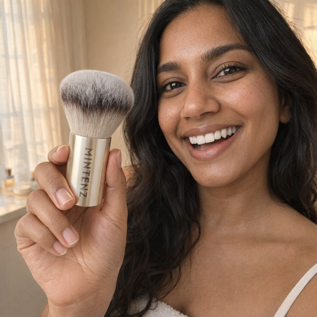 Kabuki Long Foundation Silver in gebruik voor foundation aanbrenging - Mintenz